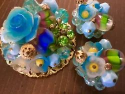 Antique Jewelry W.Germany Blue Floral Art Glass Rhinestones Pin Clip On Earrings. This set is so beautiful. This is a...