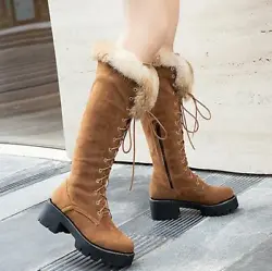 Shoe Shaft Style Knee High. Style Snow Boots. Closure Lace Up. Character Boots. Upper Material Faux Leather. Accents...
