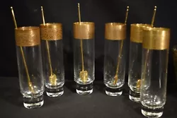 Mid Century 6 Footed Tall Collins Glass Wide Gold Rim Murano with 6 Straws I do have all 6 straws one missed in photos.