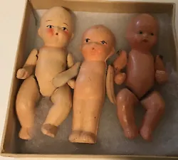 Sweet little doll miniatures. One Marked Germany, other two Japan. 3” jointed. In very nice condition.