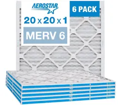 Aerostar 20x20x1 MERV 6 Pleated Air Filter, AC Furnace Air Filter, 6 Pack.