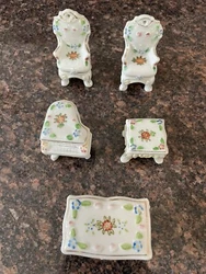 Contains2 miniature Chairs, Ottoman, Chest & Piano - Made In Occupied Japan.