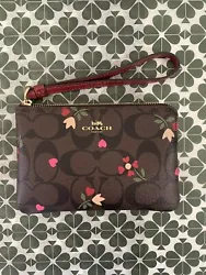 NWT Coach Small Corner zip Wristlet Dark Brown Signature With Heart Petal Print It came from smoke free home, shipped...