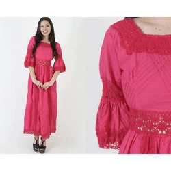 This is a vintage traditional Mexican fiesta maxi dress. It has a tailored empire bodice with square neckline and short...