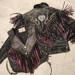 Selling Harley Davidson Womens M Medium Genuine Leather Fringe Western Motorcycle Biker Vest Jacket Lot Black Purple...