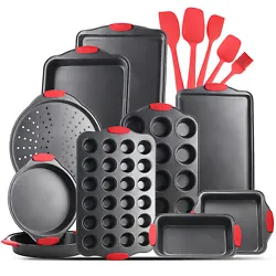 15 Piece Bakeware Set Nonstick Carbon Steel Oven Safe with Silicone Handles.