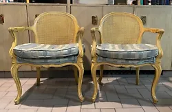 Pair of Painted Yellow Bergere Chairs With Cane Backs. -Where my fingers are, the cane is broken.you dont notice just...