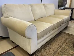 Elegant, sleek and transitional sofa.The fabric and color are very elegant.Comfortable and a sits beautifully.Minor age...
