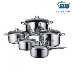 ELO Germany 10 Piece Cookware Induction Pots and Pan Set Stainless Steel Kitchen. Equipped with ergonomic handles, ELOs...