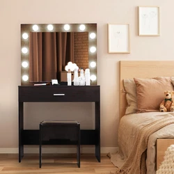 Vanity Set With Lighted Mirror Cushioned Stool Dressing Table Vanity Makeup Table. Colour: walnut. HD mirror: fine...