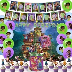 Encanto birthday party supplies. 1- banner1- cake topper12 - cupcake topper18- latex balloon1 - backdrop 5x3ft