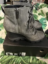 New Sorel Joan Uptown Wedge Zip Boots Gray Leather Lace. Condition is Pre-owned. Shipped with USPS Priority Mail.