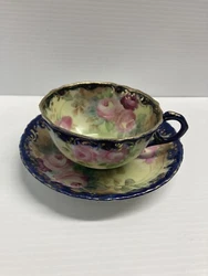 Hand Painted Nippon Tea Cup Gold Blue Antique Cup & Saucer Unsigned