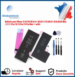 Batterie pour iPhone 5/5S/5C/SE/6/6+/6S/6S+/7/8/8G/8+/X/Xr/XS/XS Max/11/11 Pro/12/12 Pro/12 Pro Max + outils.