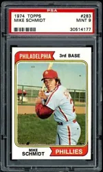 This 1974 Topps baseball trading card features Mike Schmidt of the Philadelphia Phillies. The card is part of the base...