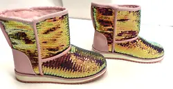 Girls Pink with multi color mermaid theme sequin Faux Sherpa Boots Size 1 US.The sequin has a multicolor mermaid tone....
