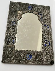 Miroir ancien persan feuille argent XIXe émaux bleus Kadjar Ottoman.Ref75216. Vendu en état. Voir photos . Dimensions...