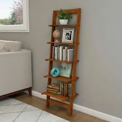 Five Tier Ladder Style Wooden Storage Bookshelf Display Cherry Finish.