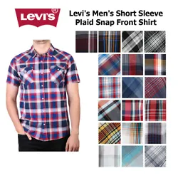 Levis Mens Short Sleeve Snap Front Plaid Shirt Navy Gold S.