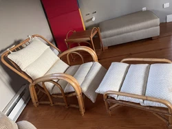Vintage wicker chaise lounge with ottoman. Cover was redone about 15 years ago….could be cleaned to refresh but...