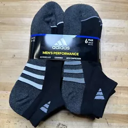 Socks are Black and Gray Stripes and Logo. Adidas makes quality socks. Cushioned Footbed for superior comfort.