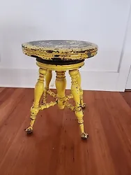 Antique Wood Piano Stool with Metal and glass Claw Feet with old paint. Condition is Used. Shipped with USPS Ground...