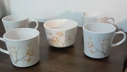 Vintage Corningware Cornerstone China Orange/Brown Blossom Sugar Bowl And 4 Mugs.Vintage Cornerstone China Orange/Brown...