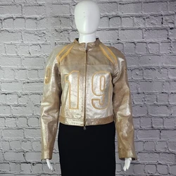 Super cool leather motorcycle style jacket complete with zipper cuffs and 19 lettered on front, back, and sleeves....