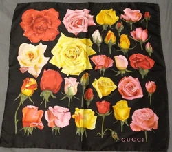 Gucci large square scarf 47cm 18″ silk GUCCI flower floral rose black. Flawless condition. Would make a fabulous gift.