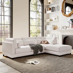 A square ottoman with a cushioned top tucks against the sofa to create a chaise. This modern sectional sofa has a...
