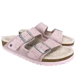 Features of this shoe include Fur footbad made of a soft wool material. Cork latex footbed. Wool felt upper. Soft Pink...