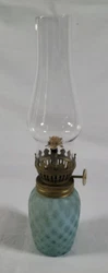 Art Glass Blue Miniature Oil Lamp. Blue green woven pattern on glass base. Estate Item.