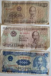 Lot de 3 Billets de Banque Viêtnam 1000, 2000 et 5000 Dong . Billets ayant circulé.