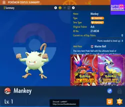 X1 SHINY MANKEY 6IV Lv.1 w/ Masterball. Nature: Adamant. Legit: Pokemon is 100% legit and usable in online trading!...