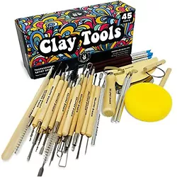 45 TOOLS FOR CLAY & POTTERY: Our professional clay sculpting tools set work great to sculpt, mold, carve, scrape, chip...