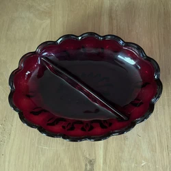 Mid-Century Oval Pressed Ruby Glass Divided Relish Or Candy Dish. Beautiful ruby red glass oval candy, nuts, or relish...