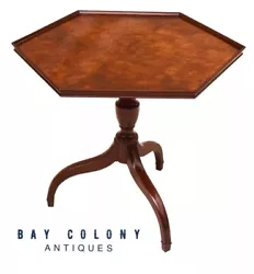 The table stands on a large urn column with collared spider legs. This is a great size for a stand alone tea table or...