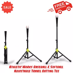 1 Travel Batting Tee. Adjustable from 26 IN to 40 IN (66 CM to 101.6 CM). Low resistance ball cradle. Steel Tripod Base...