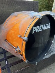 Premier Percussion 5 Piece Drum Set in Orange Satin Swirl finish.