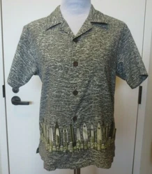 Maui and Sons Short Sleeve Top Blouse. Color: Gray with Surf Board/Tiki Boarder.