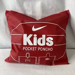 Kids Red Nike Waterproof Rain Pocket Poncho with Hood. Nike Spell Out on back. Size: Youth Unisex. Swoosh with pocket...