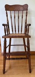 Antique Pressed Back Oak Childs High Chair. Doll Display Chair. Newly Replaced Cane Seat. 20