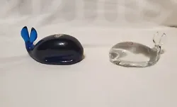 Vintage Rainbow Cobalt Blue & Clear Glass Whale Paperweight Figurines. Condition is Used. Shipped with USPS First Class.