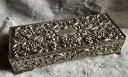 Vintage Godinger Jewelry Box Silver Plated Gray Velvet Lined w/ mirror 9”Long x 2” high x 3.5” wideCarved...