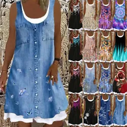 Feature:Imitation Denim,Print/Floral,Round Neck,Sleeveless Dress,Loose Flowy,Oversize,Casual. 1 x Piece of Dress. There...