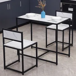 Standard dining table with low back chairs for comfortable sitting. 2 x Chairs. Color: Black marble?Wood grain...