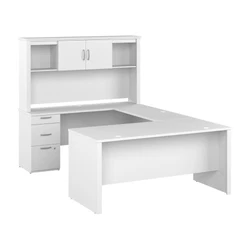Create the perfect work area and tackle your next project with the Bestar Logan 65W U Shaped Desk with Hutch. Finish...