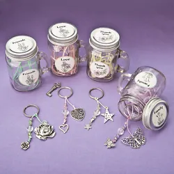 For extra effect, the jars are filled with colored confetti that matches the color of the keychain. Each jar is...