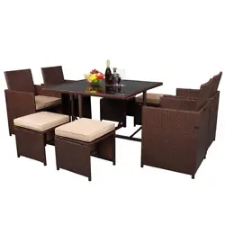 This 9 Pieces Wood Grain PE Wicker Rattan Dining Ottoman with Tempered Glass Table Patio Furniture Set is a best choice...