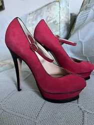 Yves St Laurent Tribute Mary Janes Red Suede Shoes Peep Toe Sz 37 Italy 6” Heels. These shoes are in good condition...